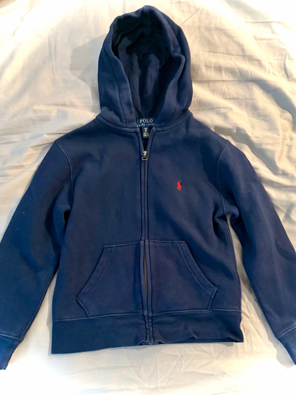 Boys Polo by Ralph Lauren Navy Full-Zip Hoodie with Red Pony. Size small (8).
